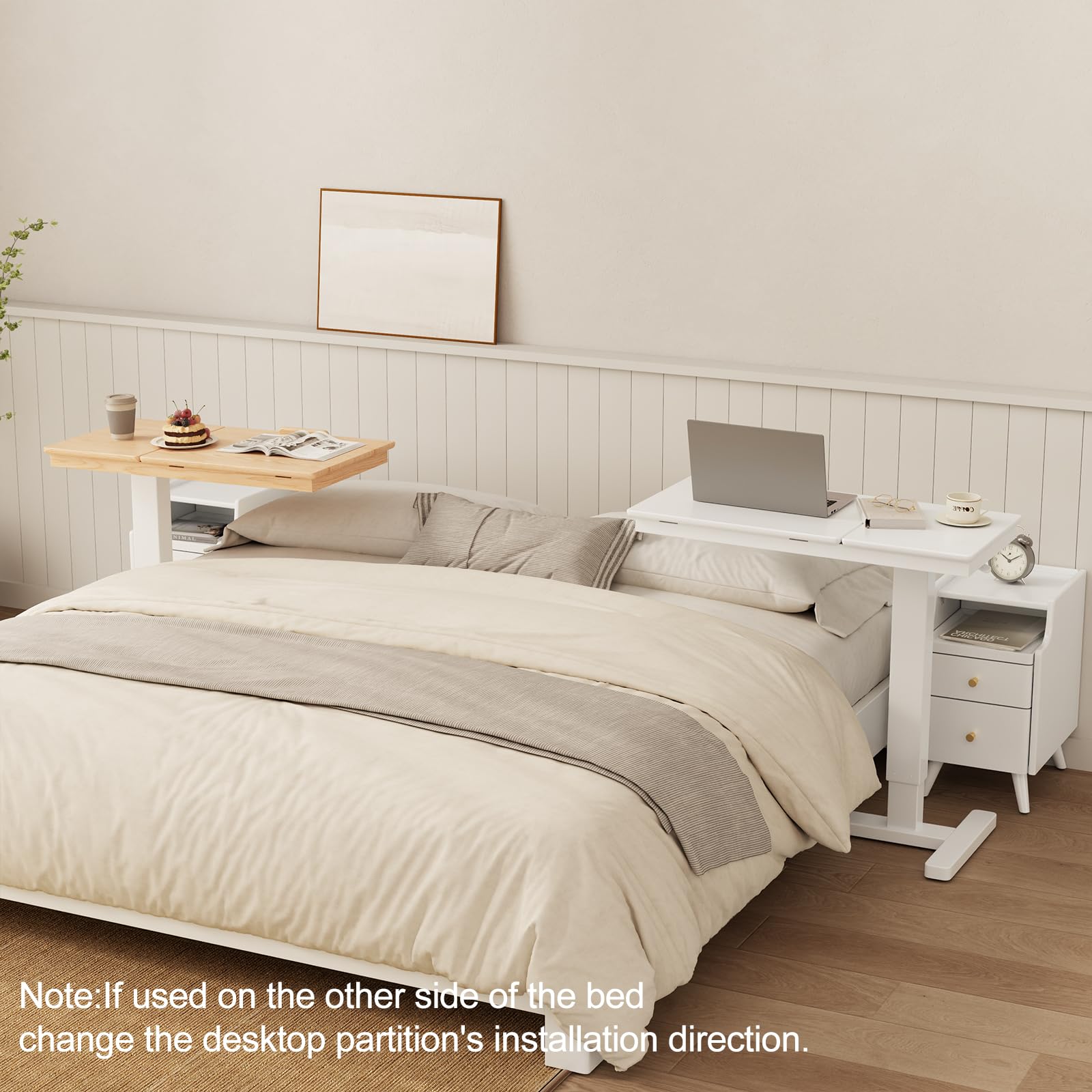 YQJJGL Mesa de Cama Ajustable con Ruedas, Tablero Dividido inclinable de Madera Maciza, mesita de Noche con Bandeja Deslizante para Laptop, Altura Regulable 70-111 cm,Blanco