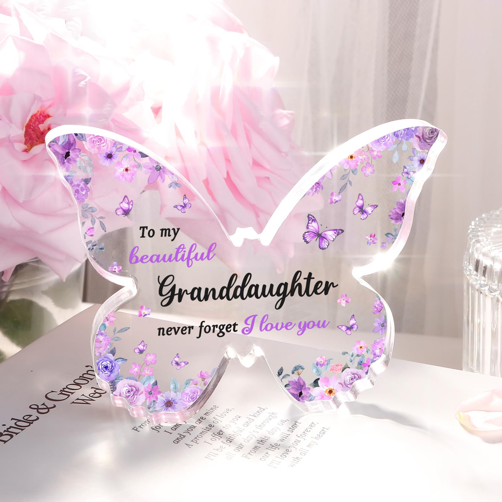 Granddaughter Gifts from Grandma Grandpa - Unique Purple Butterfly Acrylic Plaque Desk Decor - Mothers Day Christmas Valentines Day Graduation Gift for Granddaughter - 5 x 3.8 x 0.5 inches