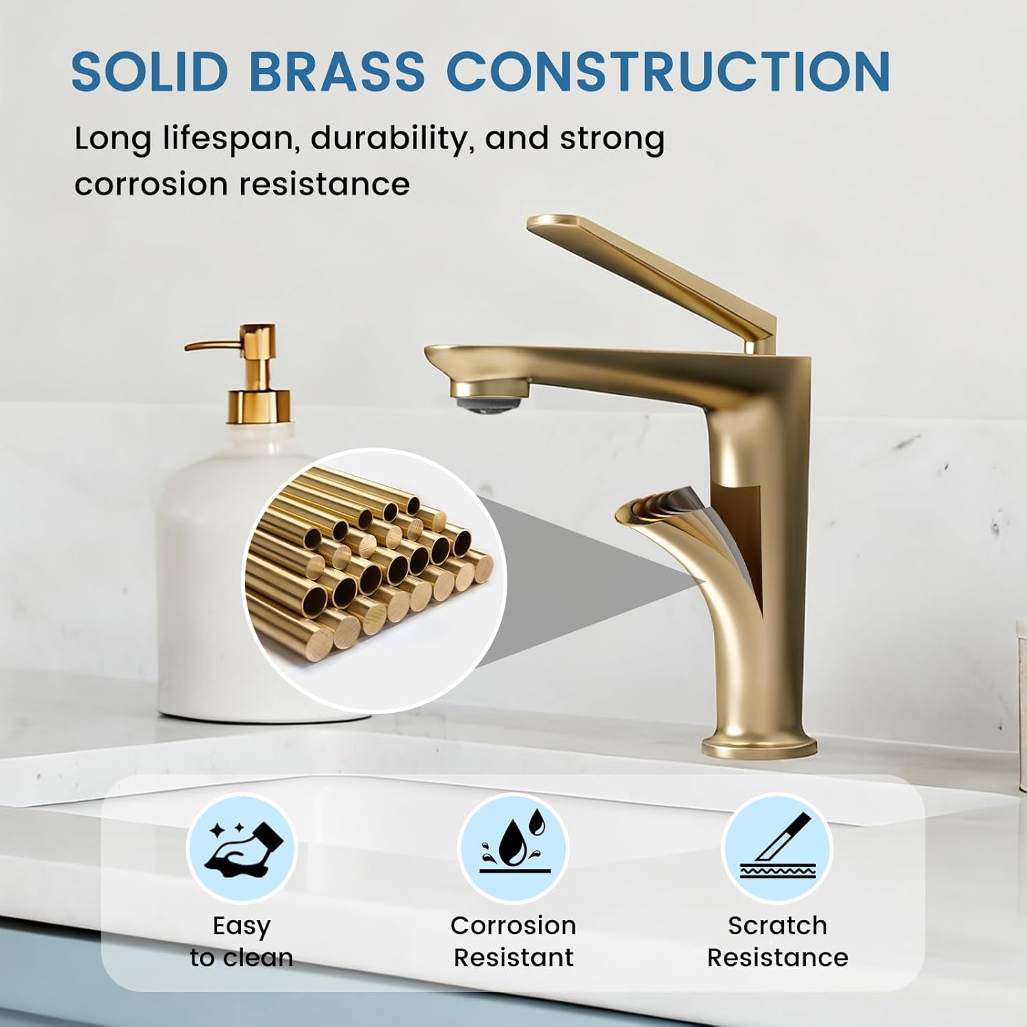 Bathroom Faucet Brushed Gold, One Hole Single Handle Vessel Sink Faucet, Brass Bathroom Faucet for Vanity Sink Restroom Guestroom RVs