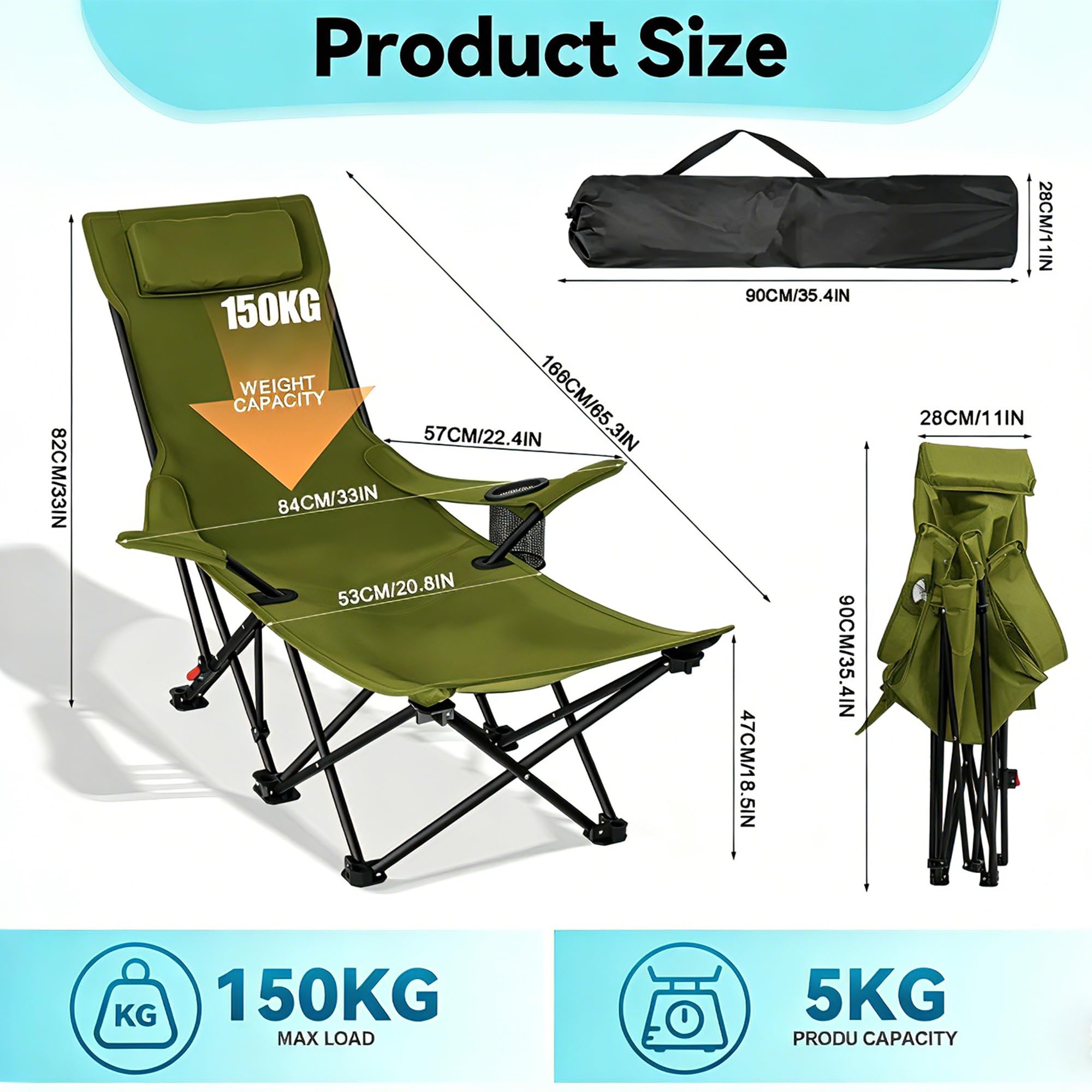 Składane krzesło kempingowe i plażowe z czterokrotnie regulowanym oparciem, uchwytem na napoje i torbą do przenoszenia, obciążenie do 150 kg – idealne na kemping i do aktywności na świeżym