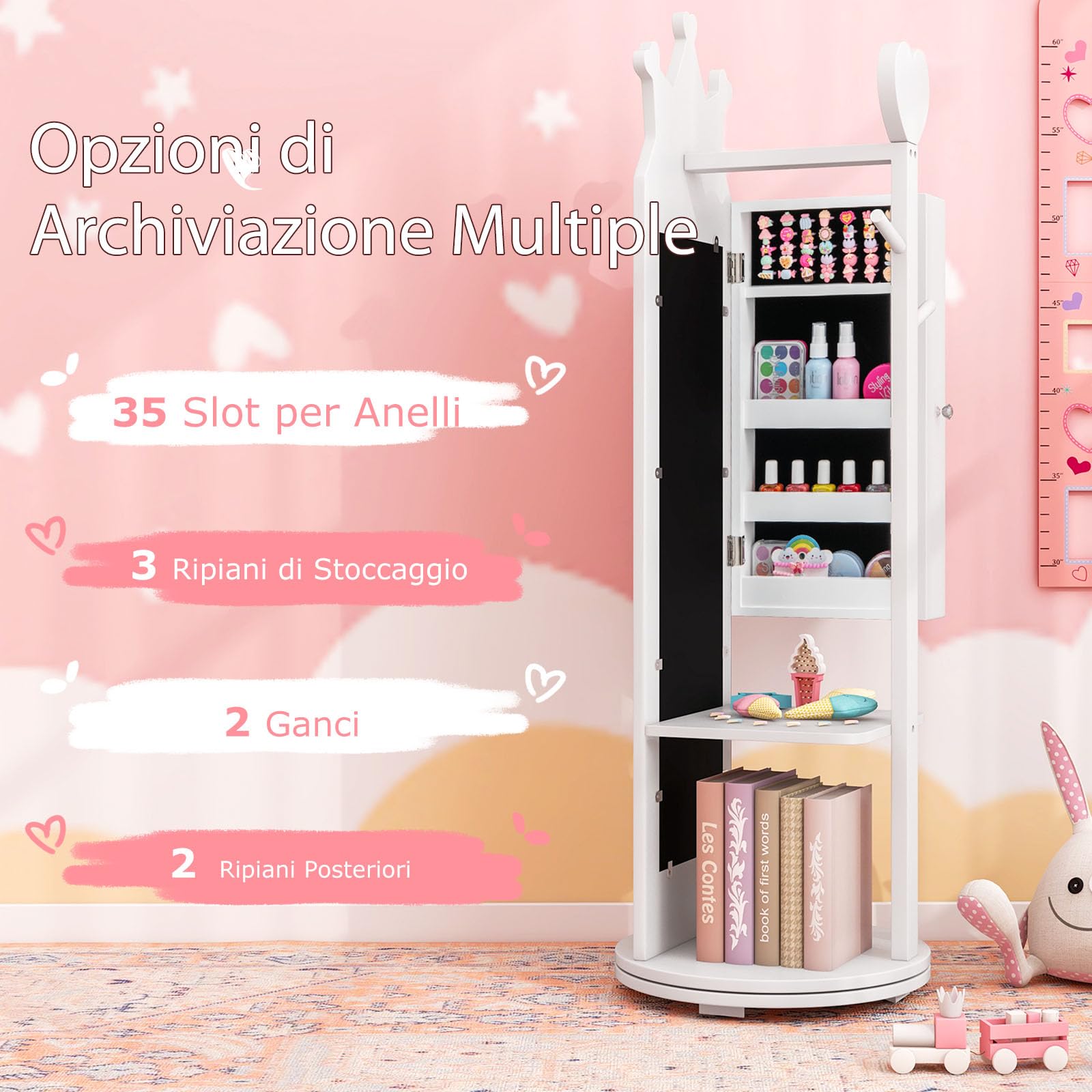 RELAX4LIFE 4 in 1 Armadietto Portagioie per Bambini, Specchio da Terra con Base Girevole a 360° e Appendiabiti, Ideale per Cameretta, 36 x 36 x 112 cm (Bianco)