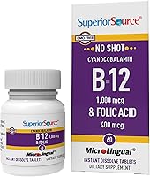 Vista 1 de Superior Source No Shot Vitamina B12 Cianocobalamina (1000 mcg), ácido fólico (400 mcg), tabletas microlingües de disolución rápida, 60