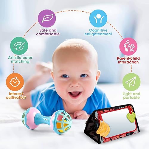 Miniatura 2 de Juego de juguetes 2 en 1 con espejo para el tiempo boca abajo, incluye actividades 3D de alto contraste, juguetes arrugados, sonajero y mordedores