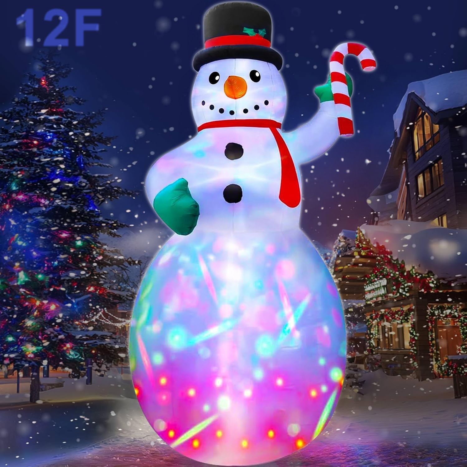 TURNMEON 12Ft Giant Christmas Inflatable Snowman Holds Candy Cane Decoration Outdoor Blow Up with Color Rotating LED Lights Stakes Tethers Christmas Decoration Home Yard Lawn Garden Xmas Holiday Party