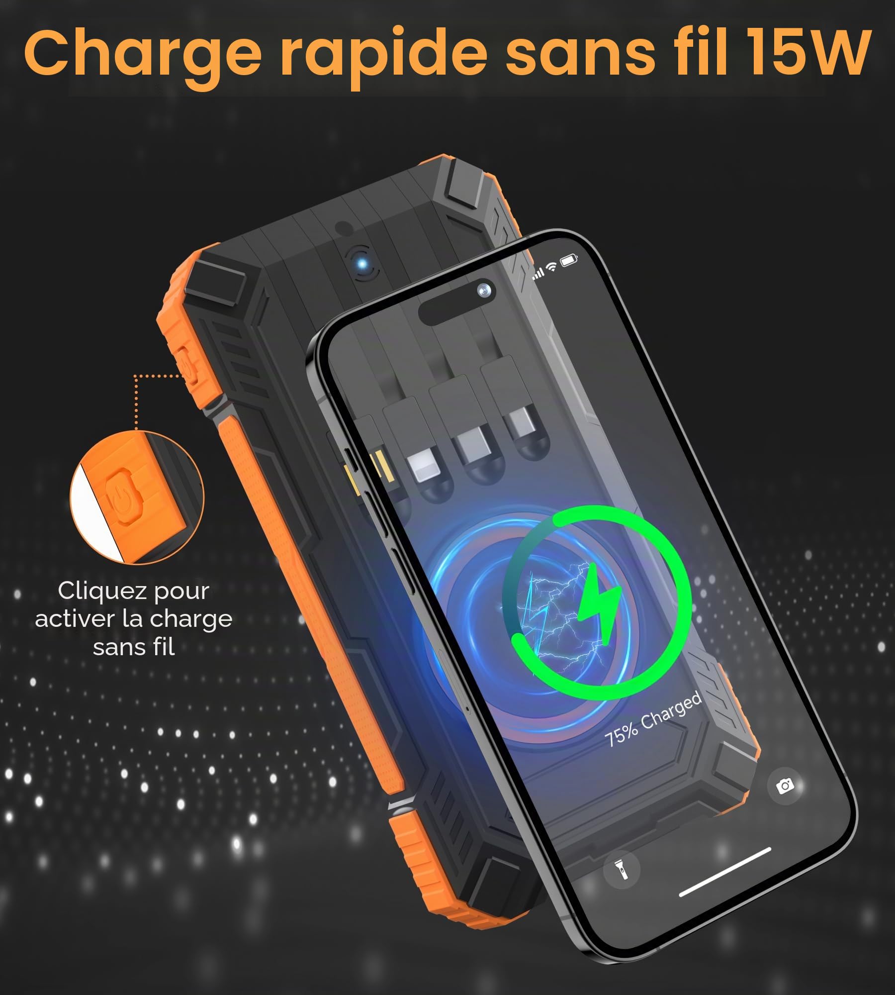 56800mAh Power Bank: Solare Wireless Power Bank 30W Ricarica Rapida, Caricatore Portatile Con 4 Cavi Integrati, 6 Uscite, Torcia, Powerbank per Campeggio, Cellulare, Tablet (Orange)