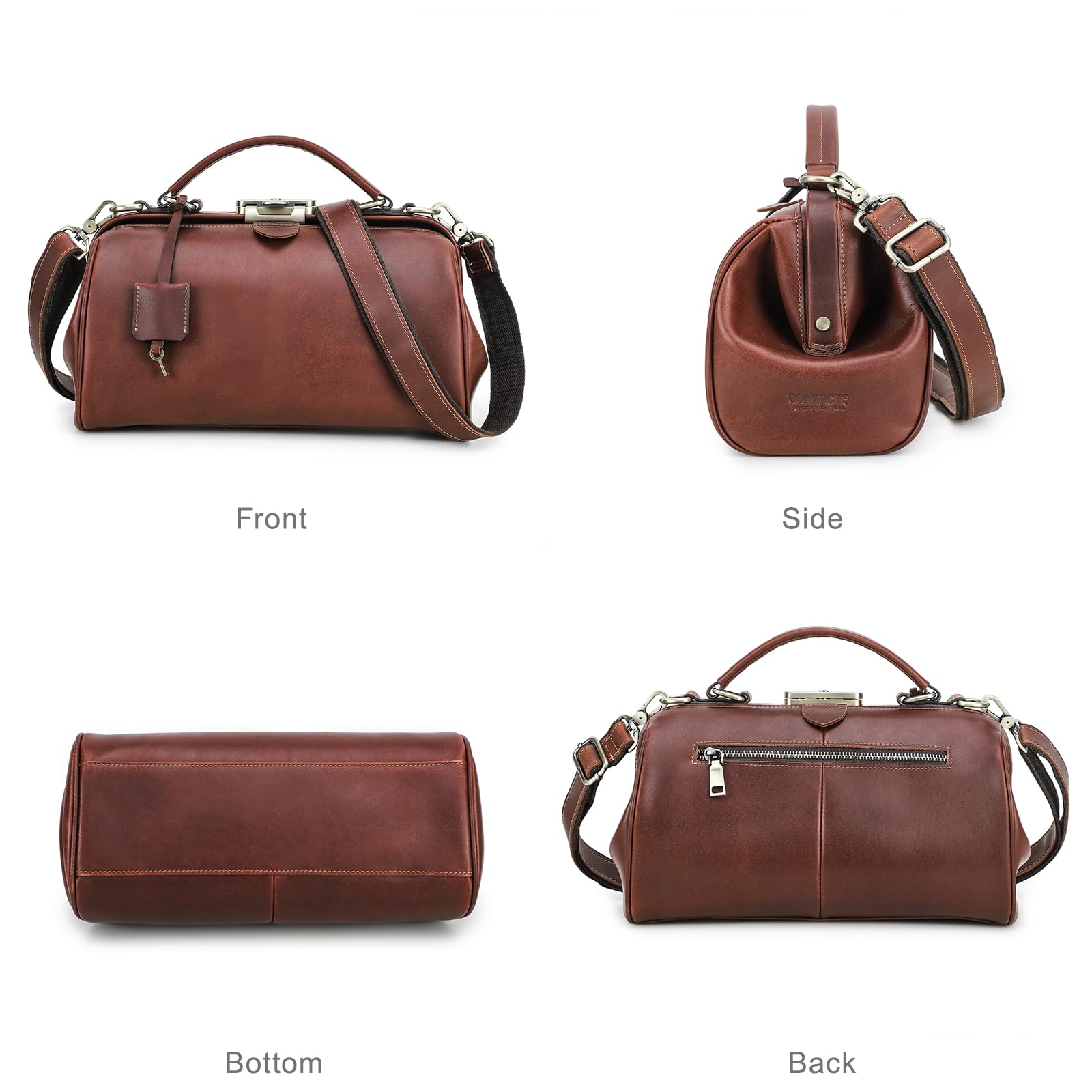 CONTACTS Doktortasche aus Vollnarbenleder Damentasche mit Schloss Umhängetasche Vintage Aktentasche mit oberem Griff Tasche mit Metallverschluss Rahmenöffnung