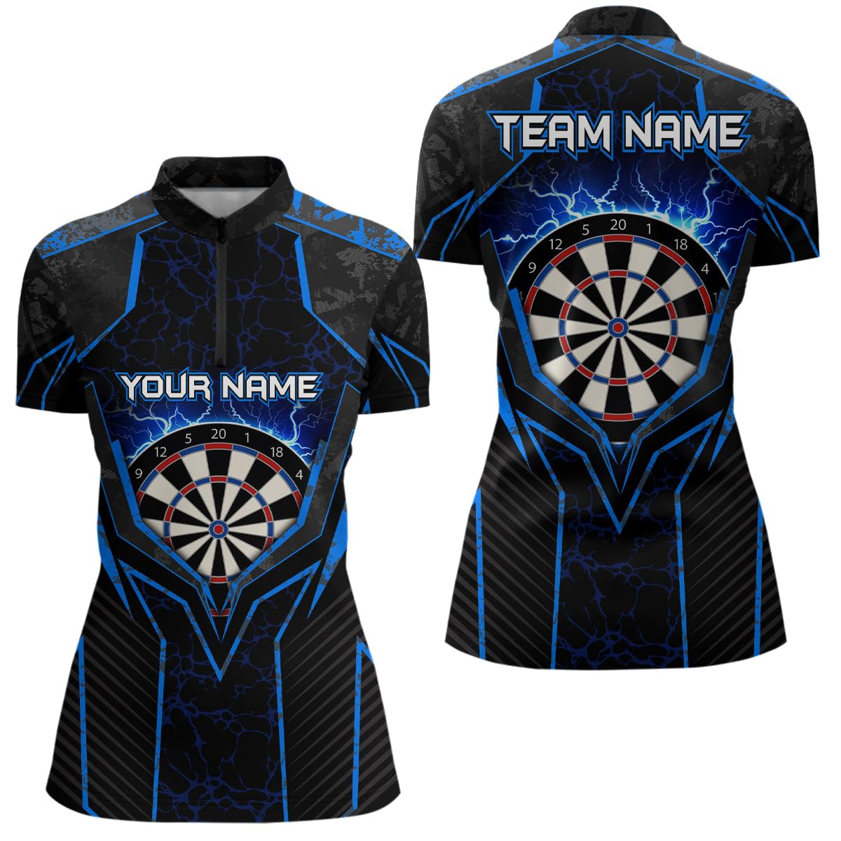Blaues Blitz-Dartshirt mit Viertelreißverschluss – Individuelles Dartshirt für Herren & Damen – Darttrikots L1398