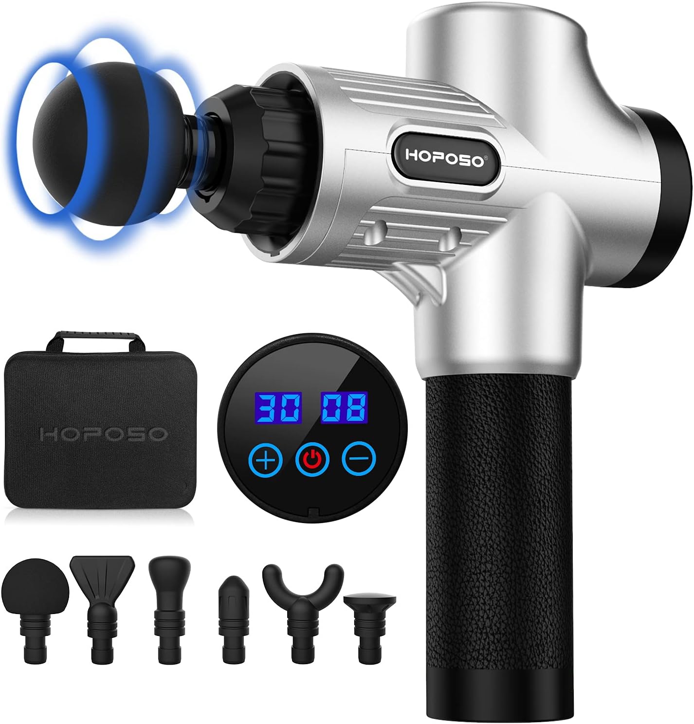 HOPOSO Deep Tissue Muscle Massage Gun for Athletes,Handheld Quiet Massage Gun Electric Drill Back Percussion Massager,30 Speed Levels with 6 Massage Heads for Relief Soreness and Stiffness