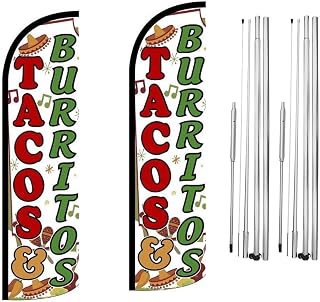 Tacos & Burritos Feather Flag | 3ft W x 11.5ft H | Durable Super-Knit Polyester with Aluminum Flagpole and Ground Spike | Outdoor Advertising Banner Flag for Promotions | Two Kits w/Hardware