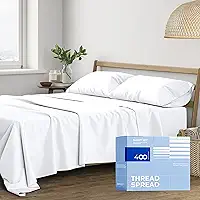 THREAD SPREAD Jogo de lençóis 100% algodão tamanho casal - 400 fios 4 peças conjuntos de lençóis de algodão tamanho casal (branco), ultramacio, respirável, refrescante, tecido de cetim 40,6 cm com