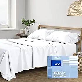 THREAD SPREAD Jogo de lençóis 100% algodão tamanho casal - 400 fios 4 peças conjuntos de lençóis de algodão tamanho casal (branco), ultramacio, respirável, refrescante, tecido de cetim 40,6 cm com