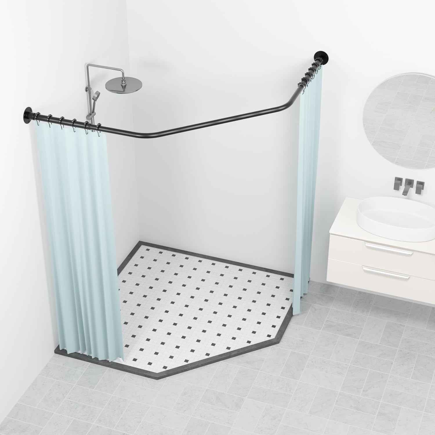 corner shower rod middle 43", both sides 21"-36", showe rod pole large size, round shower curtain rod for bathroom bathtub with 12 hooks & Ceiling Support - Black