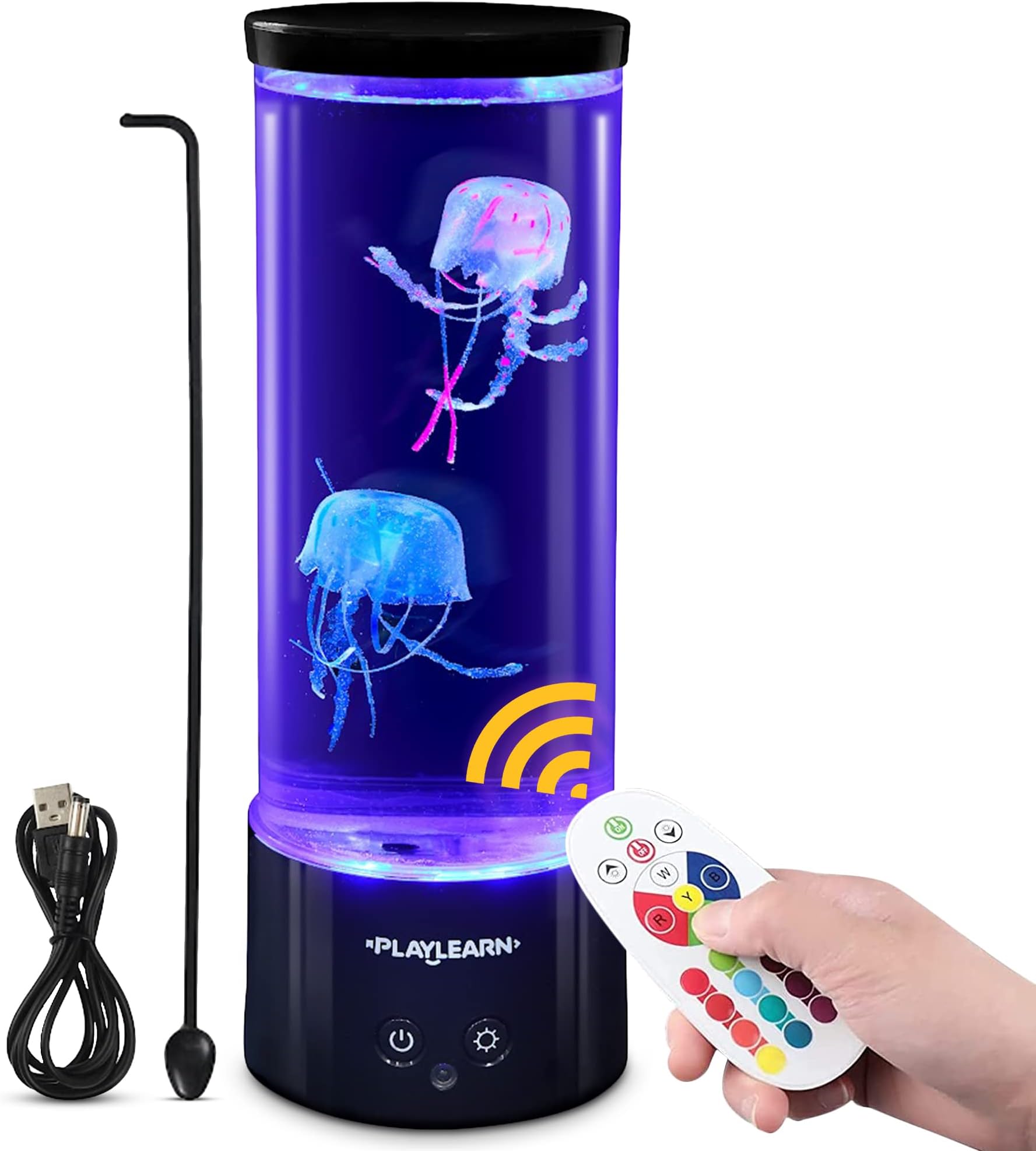 Playlearn Jellyfish Lamp - Color Changing Mood Light - LED USB Electric Jelly Fish Light Lamp for Kids or Adults - Ocean Decor - Fake Jelly Fish Lamp Mini Aquarium Tube Tank for Table, Desk – 11 Inch
