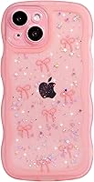 Vista 119 de Qokey para iPhone 14 Plus Funda de 6.7" con diseño de borde ondulado rizado, transparente, con purpurina, brillo, estrellas, brillante, lindo