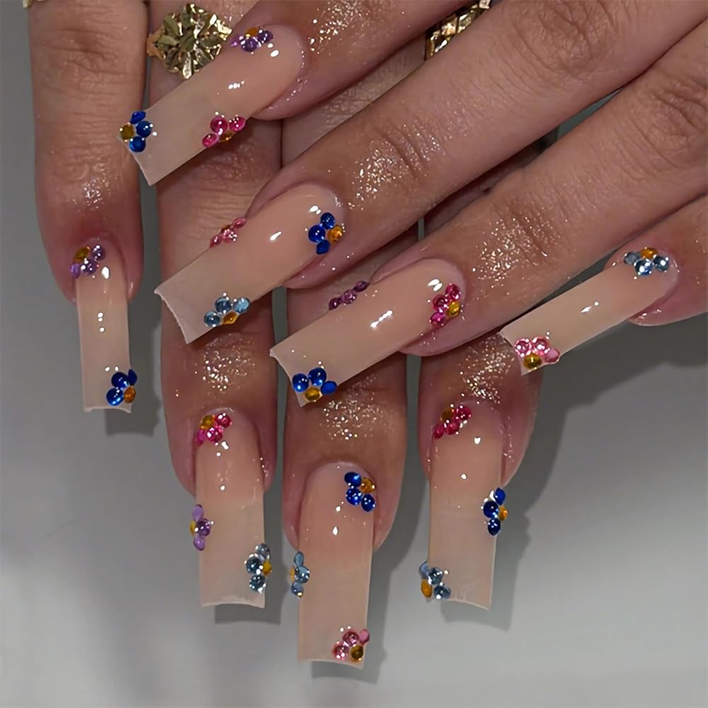 BABALAL Press on Nails Long Square Fake Nails Nude Glue ons Nails Colorful Rhinestone Flower Design Bling Acrylic Nails 24Pcs Squoval Full Cover False Nails Supplies Natural Stick on Artificial Nails