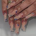 BABALAL Press on Nails Long Square Fake Nails Nude Glue ons Nails Colorful Rhinestone Flower Design Bling Acrylic Nails 24Pcs Squoval Full Cover False Nails Supplies Natural Stick on Artificial Nails