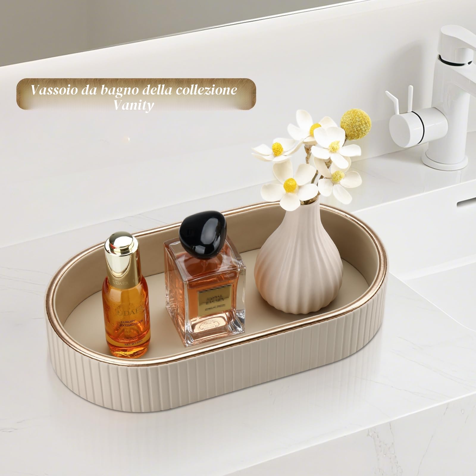 GORESE Vassoio da Bagno, Ovale Vassoio Decorativo in Pelle Vassoio Portaoggetti Vassoio per Profumi Svuotatasche Vassoio da Portata per Bagno,Cucina,Tavolo,Soggiorno,Camera da Letto(Beige)
