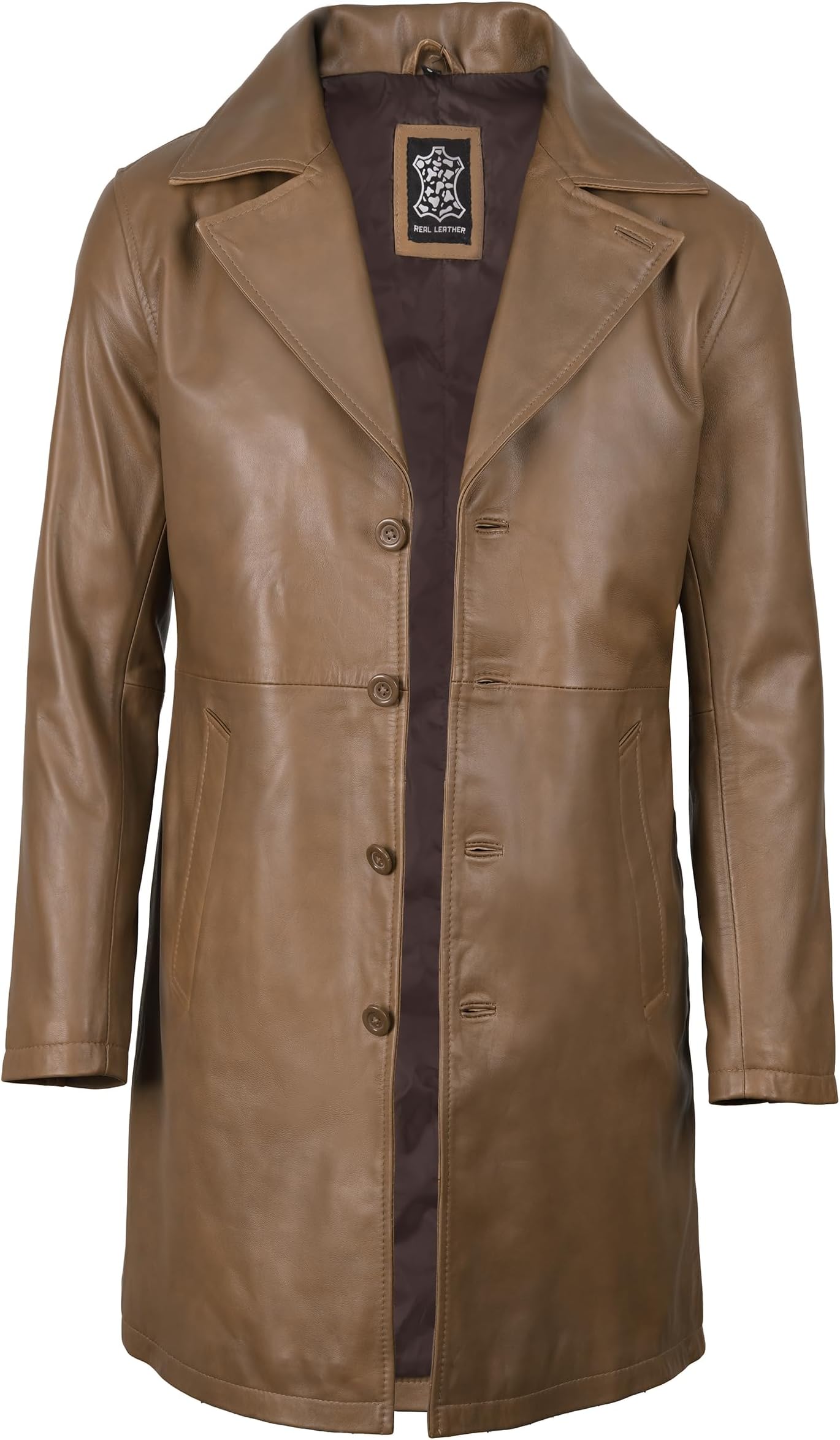 - Menโs Leather Car Coat - Genuine Lambskin Long Leather Jacket for Men, Real Leather Coat with Lapel Collar
