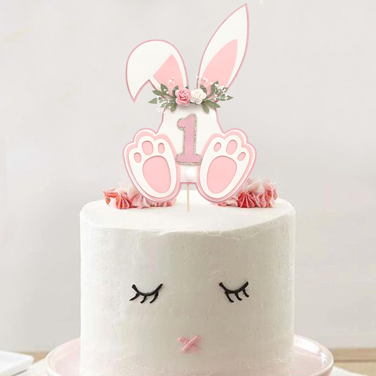 Bunny Ears First Cake Topper- Bunny 1st Birthday Party Decorations, Bunny Ears Paws Cake Decorations, Bunny Birthday Cake Topper,Easter Birthday Party Decoration Supplies