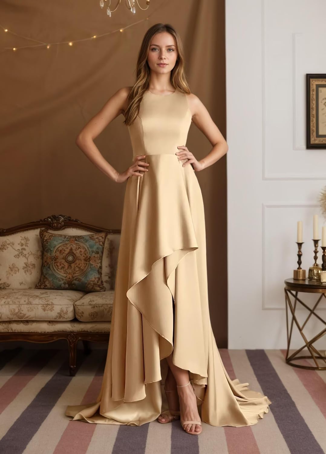 Satin High-Low Sleeveless Mother of The Bride Dresses for Women A Line Formal Wedding Guest Dress