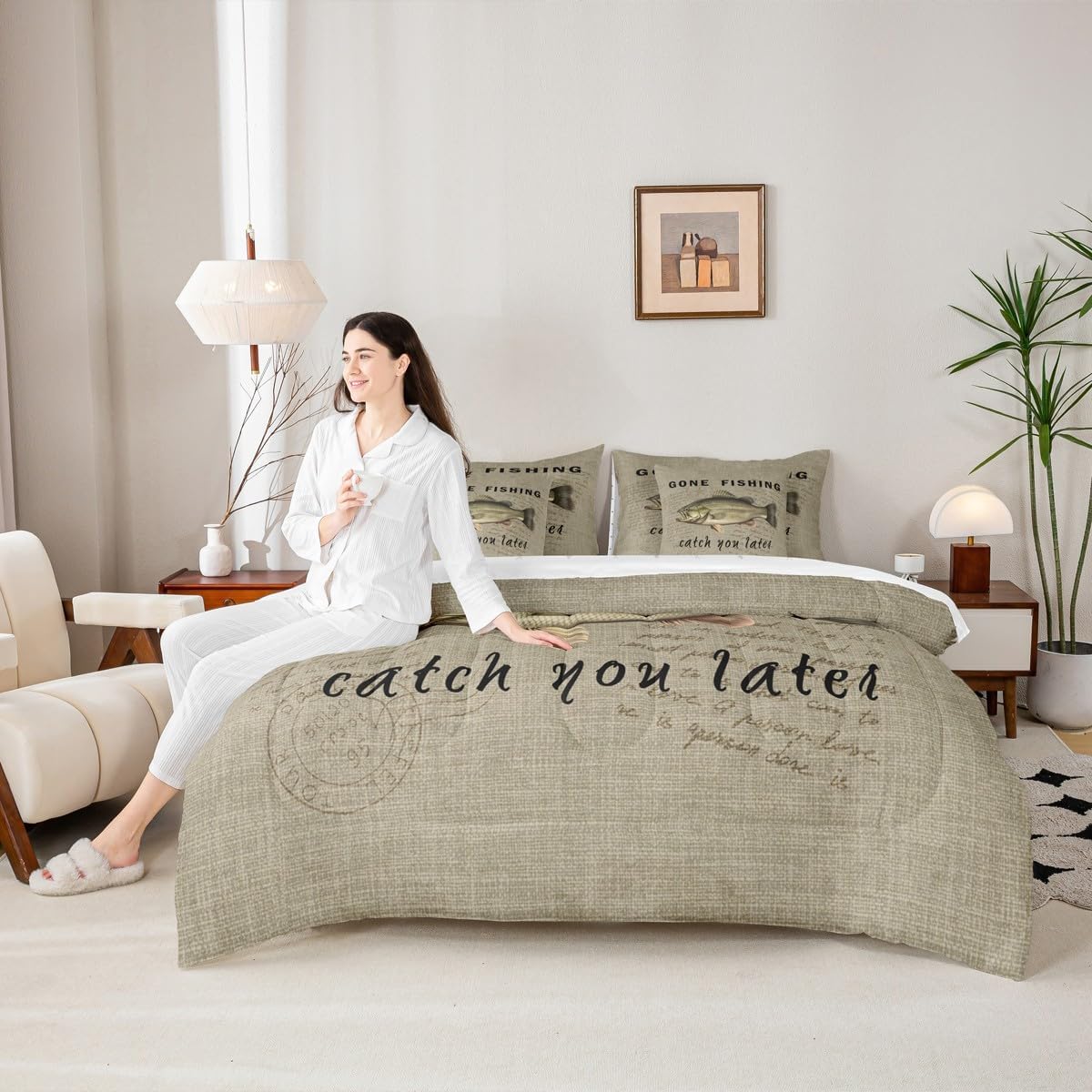 Erosebridal Gone Fishing 7 Piece Comforter Set Twin Bed in a Bag,Retro Lakeside Decor Bedding Set Rustic Pike Fish Duvet Insert Lake House Hunting Theme Sheet Set Farmhouse Room Decor,Green Grey