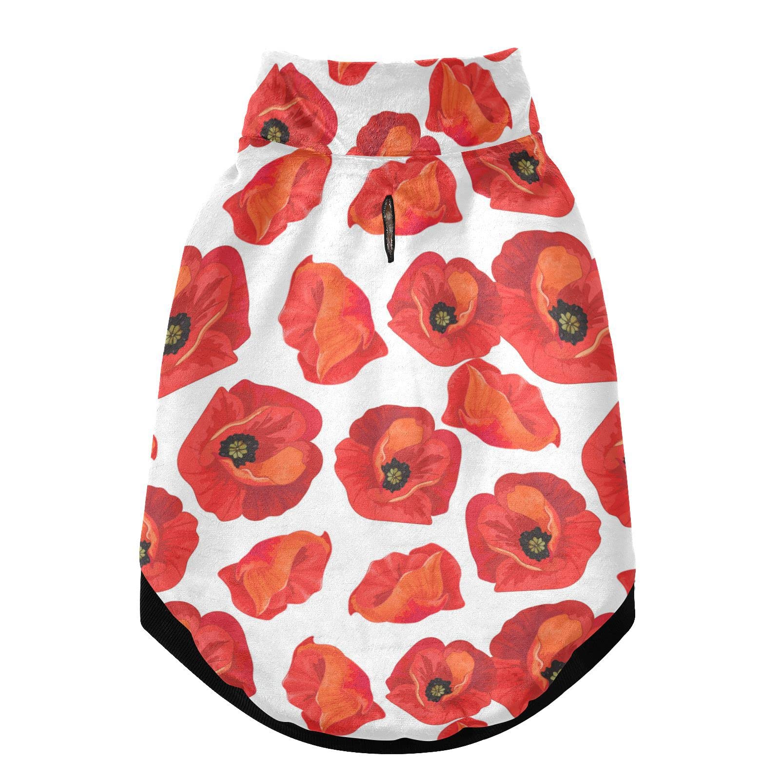 Seamless Floral Red Poppies Summer Floral Pattern on White Pet Winter Vest Coat with Hanging Holes, Windproof Fleece Extra Warm Dog Cat Jacket Sweater Clothes Apparel for Cold Weather XL