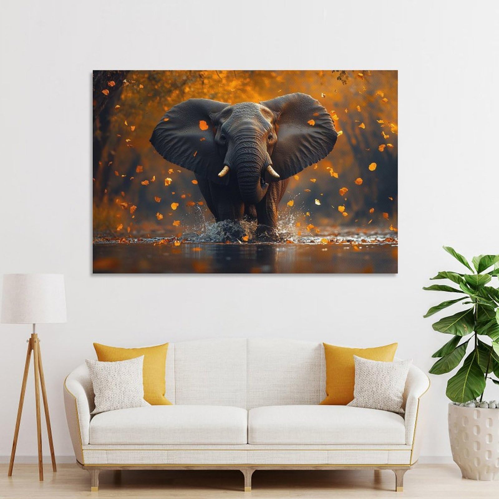 Junmoney Elephant Wading through Water with Leaves Wall Decor Canvas Print, 20x30inch(50x75cm), for Living Room, Bedroom, Office Or Hallway, Stylish Home Artwork for Focal Walls