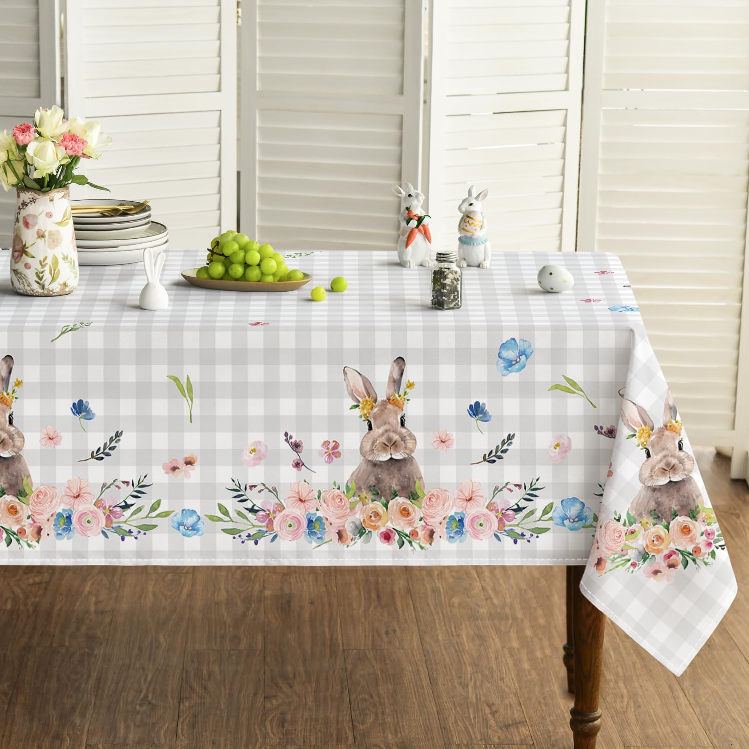 Horaldaily Easter Tablecloth 60x140 Inch Rectangular, Spring Flower Buffalo Plaid Bunny Table Cover for Party Picnic Dinner Decor