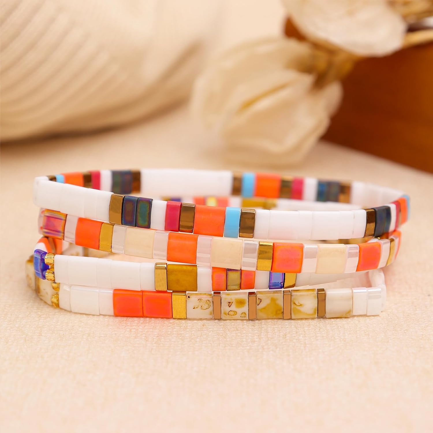 Tila Flat Beaded Bracelets Set for Women, 4Pcs Trendy Miyuki Glass Stack Beads Stretch Bracelet Outfit Accessories Jewelry Gift. - Image 6