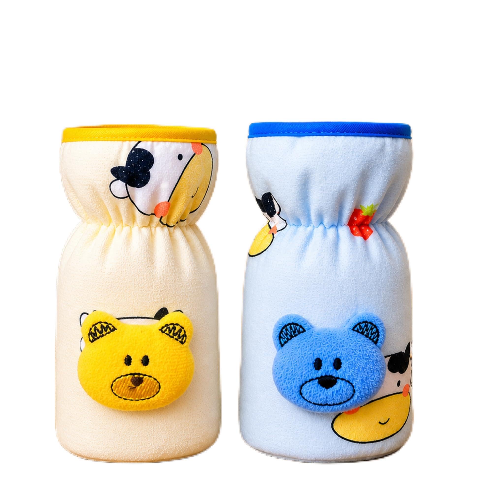 THE LITTLE LOOKERS Soft Plush Stretchable Baby Feeding Bottle Cover with Easy to Hold Strap | Cute Animated Overall Print Pack of 2 (Yellow & Blue, Narrow Neck 120ml/4oz)-image-34