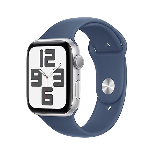 Apple Watch SE (2ª gen.) GPS 44 mm Smartwatch con cassa in alluminio Argento e Cinturino Sport Denim - M/L. Tracker per il fitness e il sonno, app Battito, Rilevamento incidenti, display Retina
