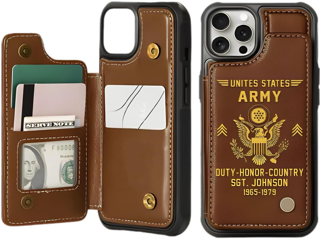 Personalized US Army Veteran Leather Flip Wallet Phone Case Father's Day Gift For Veterans Soldiers Military Custom Patriotic Phone Case For Men Dad Husband