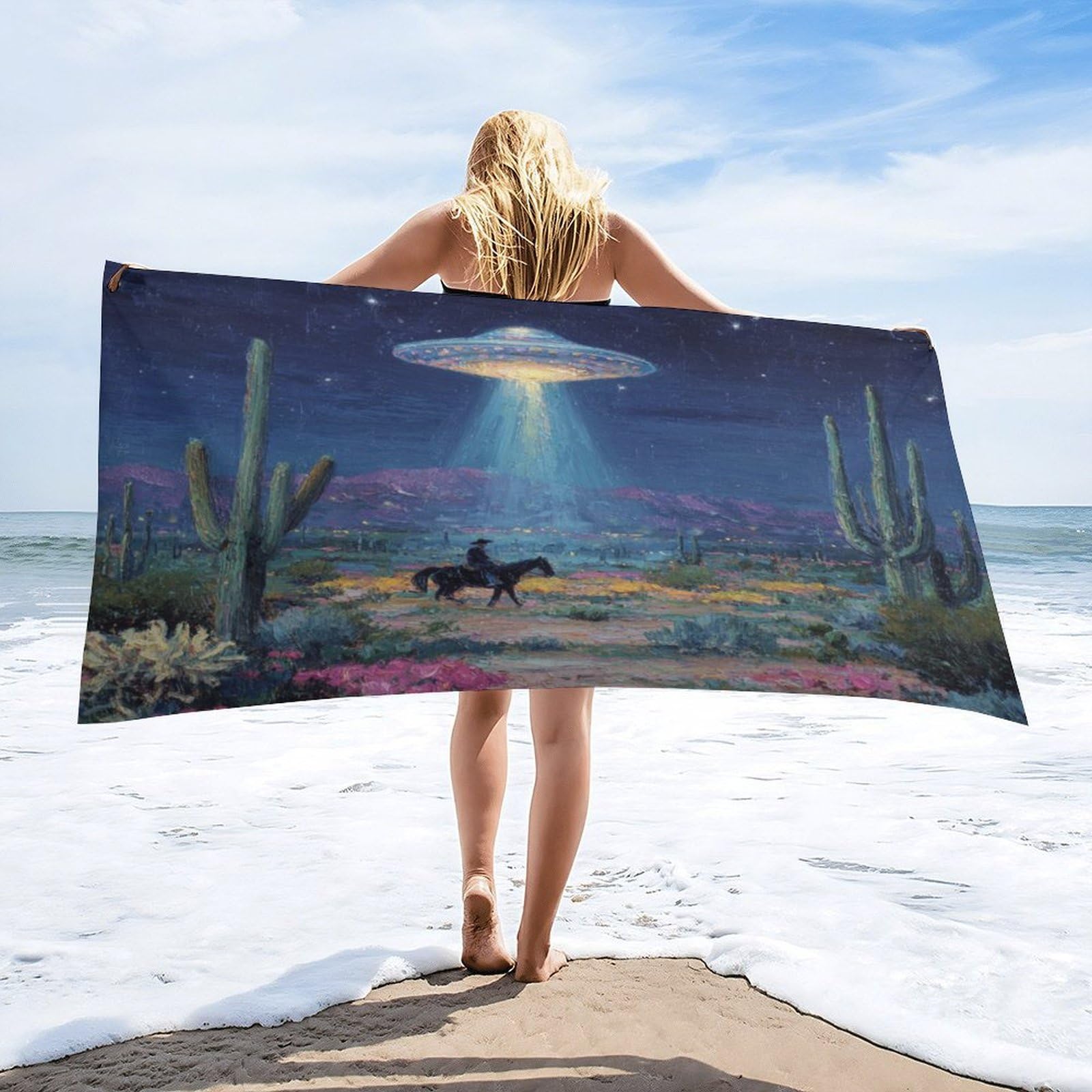 Luyysky Cool Western Ufo Cowboy Quick-Drying Beach Towel, Mid Century Retro Plant Cactus Flowers Animal Horse Travel Vacation Single Sided Pile Bathroom Towels-80 W Cm X 160" L Cm