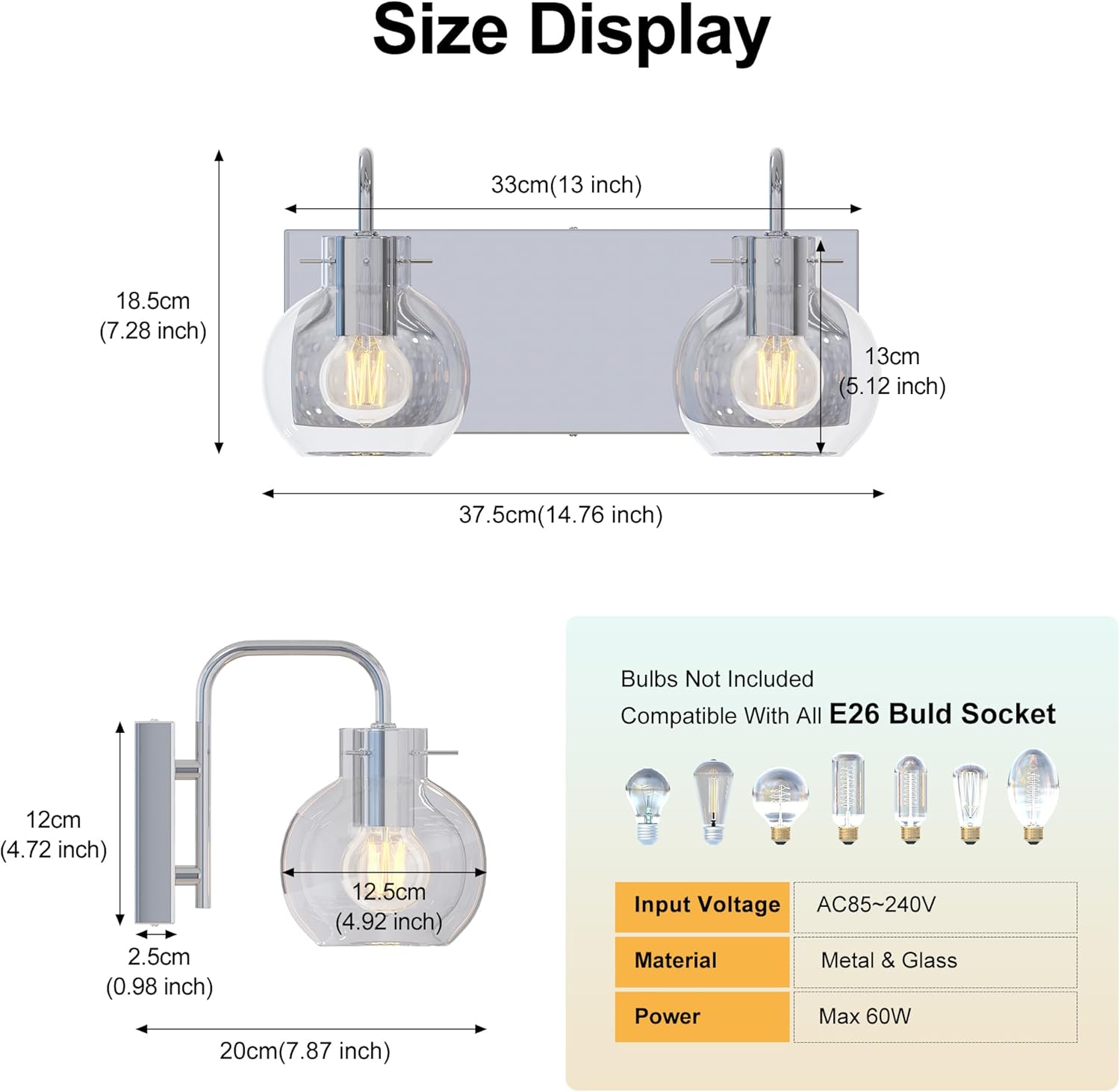 2-Light Bathroom Vanity Light, Modern Brushed Nickel Wall Sconce with Clear Glass Shade, Vintage Style Mirror Lighting for Bathroom, Bedroom, Living Room,14 Inch