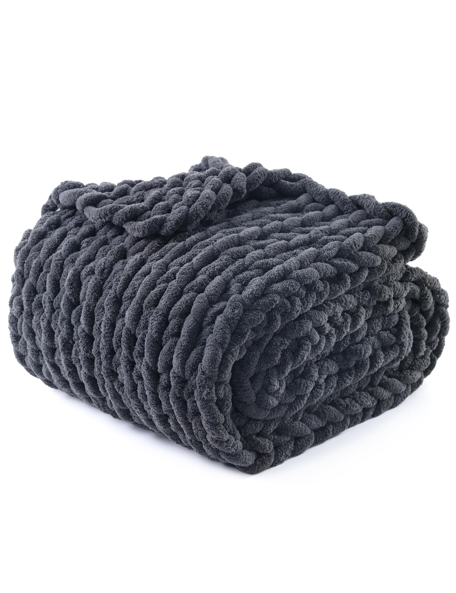 YnM Chunky Throw Blanket, Medium-Weight, Hand Knitted with Chenille Yarn, Skin Friendly, Ventilated and Breathable, Machine Washable, Home Décor Piece for Couch, Sofa and Bed (Lava Grey, 40x50 Inch)