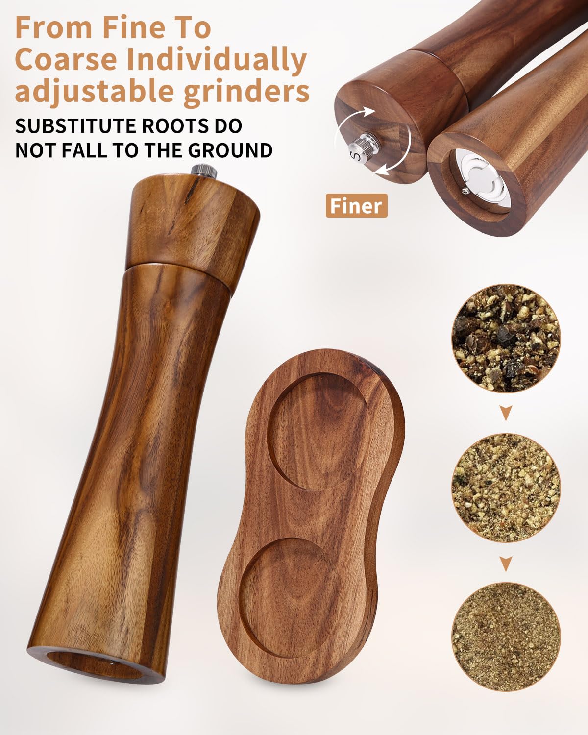 Juego de 2 molinillos de sal y pimienta de madera, molinillo de especias con mecanismo de cerámica, salero y pimentero con plato, molinillo de pimienta, ajustable para especias, pimienta, sal, juego