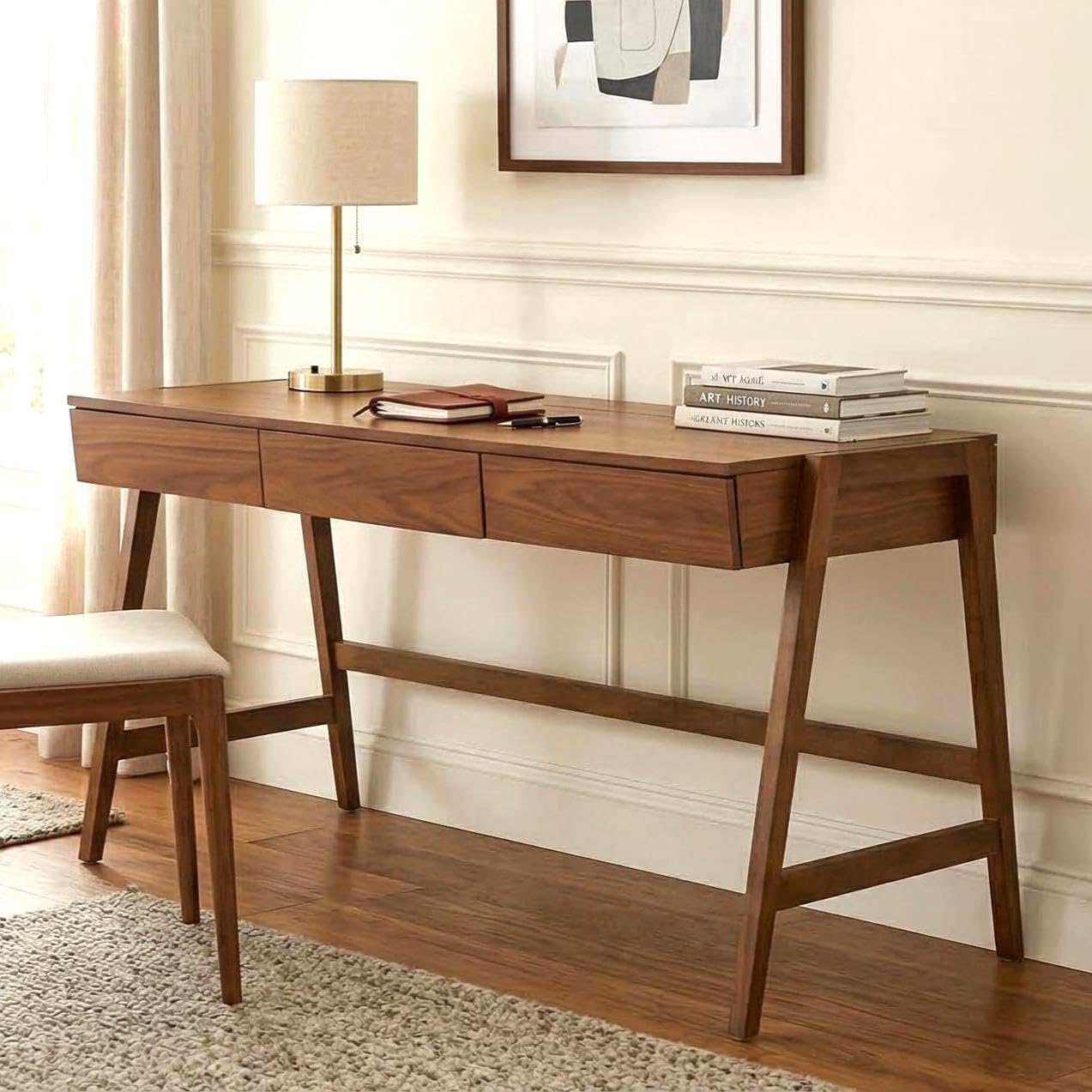 Walnut Wood Desk with Drawers Home Office Desk Mid Century Modern Writing Table for Bedroom Vanity Living Room Study Workstation