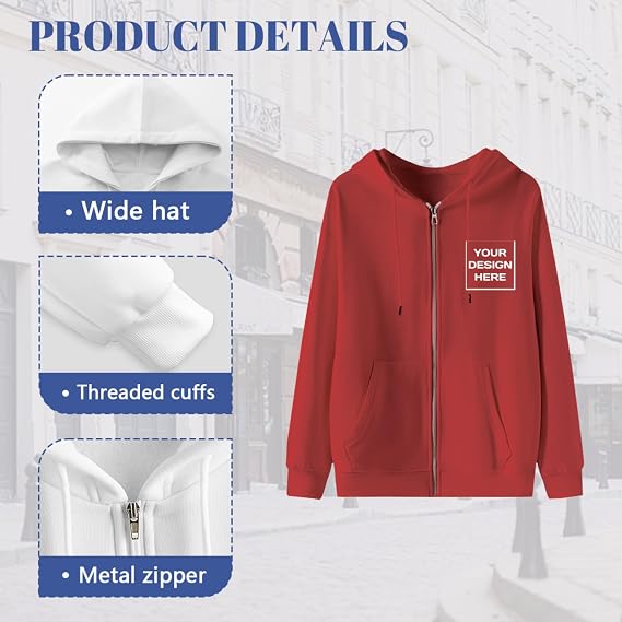Custom Hoodie Jacket Customized Design Your Own Full-Zip Hoodies Personalized Hoodie Sweatshirts For Men Women