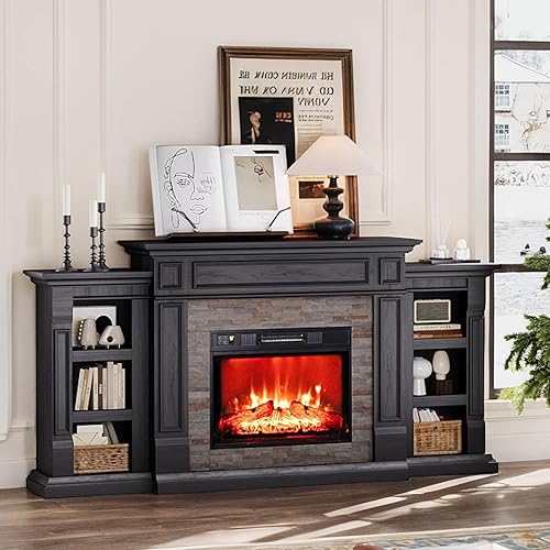 LGHM 72" Electric Fireplace with Mantel, Fireplace TV Stand for TVs Up to 80 Inch, Modern Black Entertainment Center with Storage, with 23'' Fireplace Insert Heater for Living Room, Bedroom