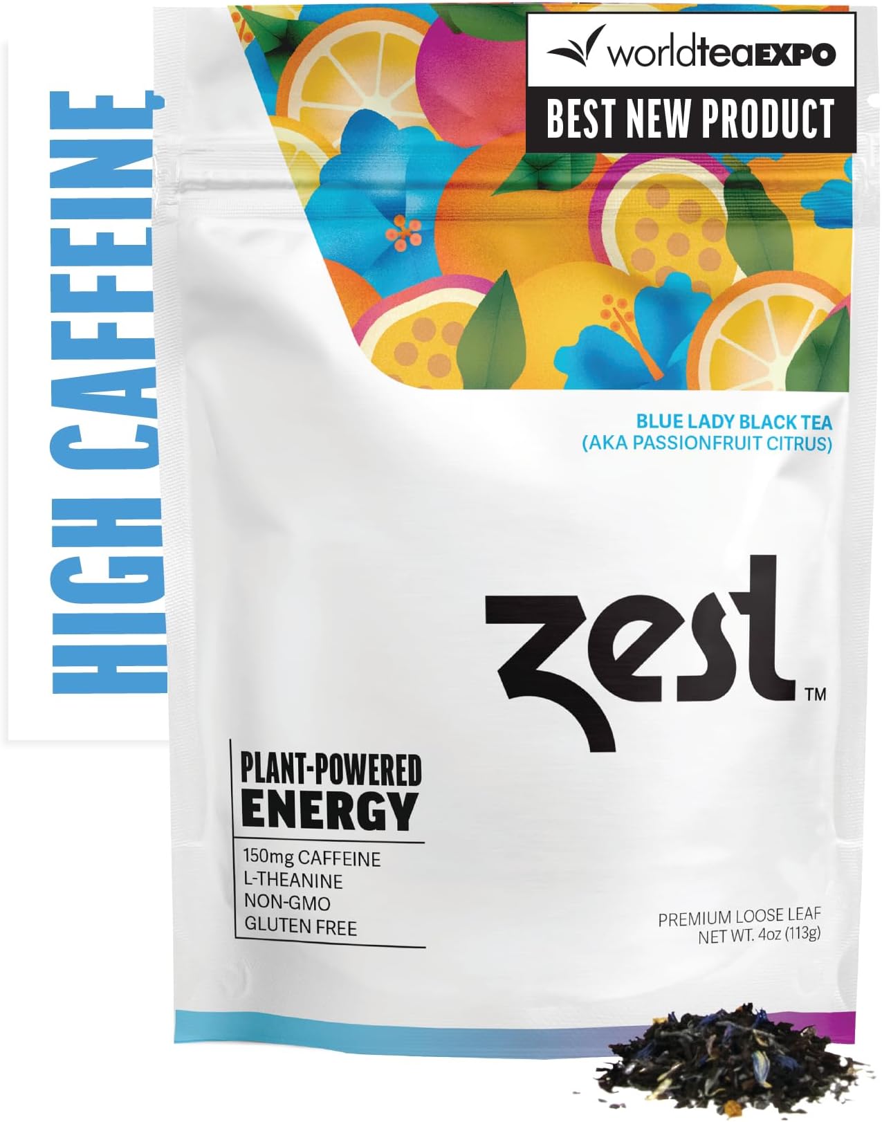 Energy Black Tea - Blue Lady Loose Leaf Blend - High Caffeine Passion Fruit - Caffeinated Coffee Altnernative/Substitute - Natural, Non-GMO & Keto Friendly - Hot or Iced - 50 Servings - 150mg Caf