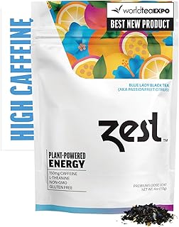 Zest 150mg High Caffeine Energy Loose Leaf Blend - Blue Lady Black Tea - 4 Oz - Hot or Iced - All Natural Strong Flavored Healthy Coffee Alternative Highly Caffeinated Substitute - Perfect for Keto