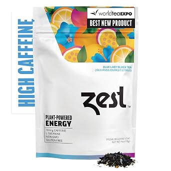 Zest Energy Black Tea - Blue Lady Loose Leaf Blend - High Caffeine Passion Fruit - Caffeinated Coffee Alternative/Substitute - Natural, Non-GMO & Keto Friendly - Hot or Iced - 50 Servings - 150mg Caf