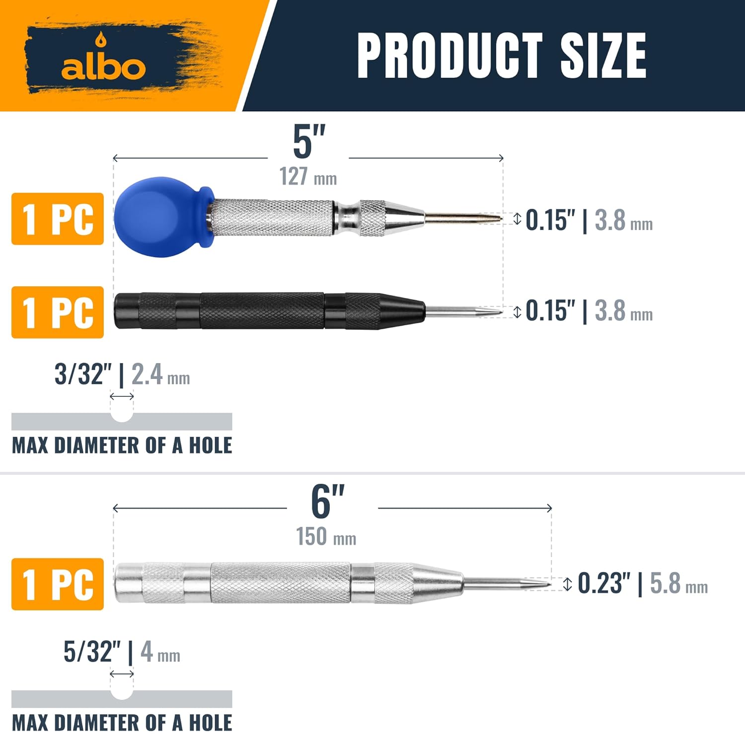 ALBO Automatic Center Punch Set – 3 Heavy Duty Spring Loaded Punch Tools for Metal, Wood, Steel – Precision Tips, Galvanized & Blackened Options, Storage Box – Ideal for DIY, Workshop & Professionals