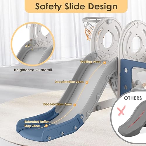 Miniatura 32 de BIERUM Tobogán para niños pequeños de 1 a 3 años con aro de baloncesto y columpio, tobogán de bebé para niños, regalo ideal para interiores