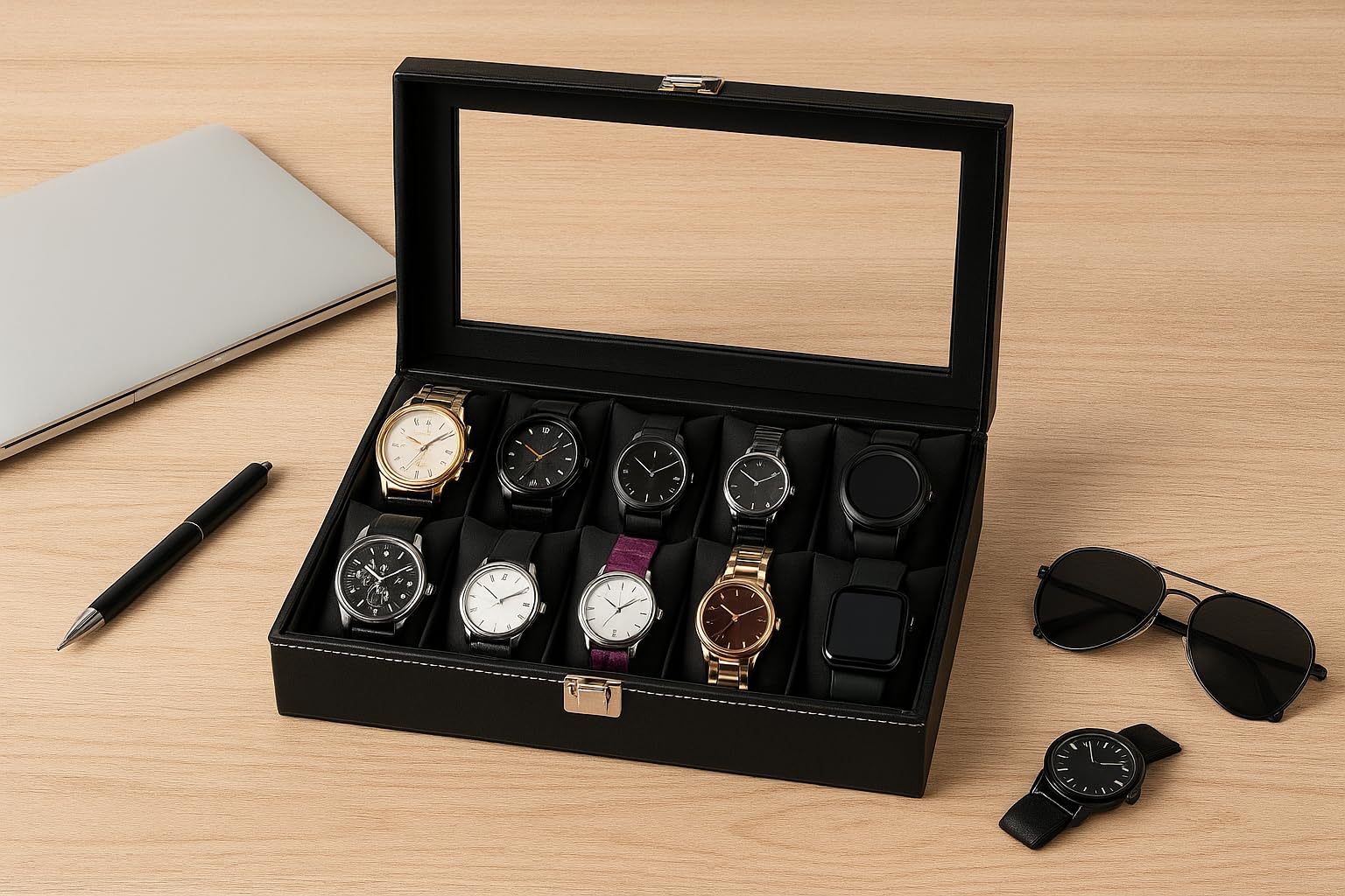 ZENWOOD Caja organizadora de relojes unisex de piel sintética con 12 ranuras, caja de almacenamiento con tapa de cristal – Color exterior – negro/interior – terciopelo negro