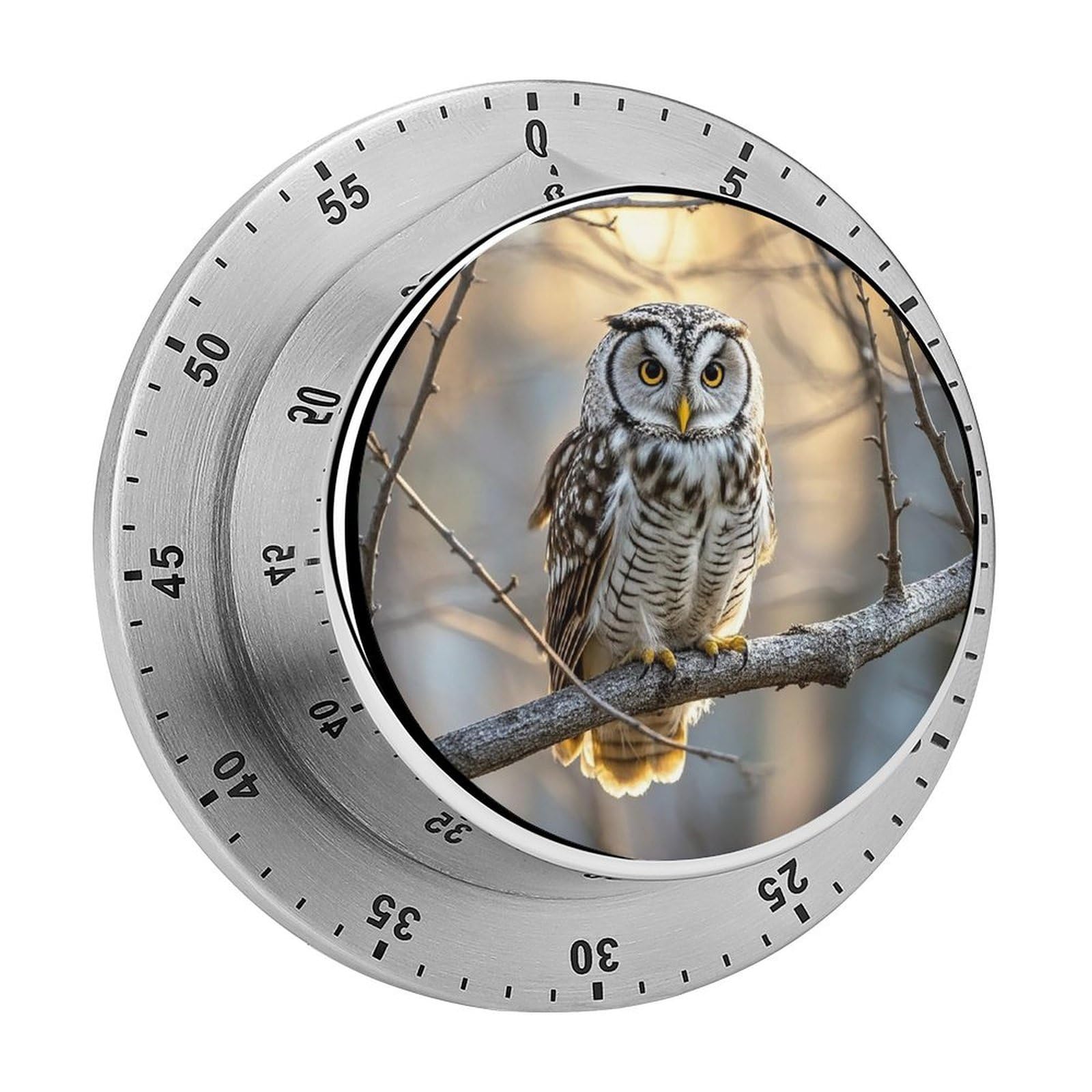 Owl on A Branch Fashion Visual Timers Wind Up 60 Minutes Desk Stainless Steel Magnetic Timer Countdown Clock No Batteries Loud Alarm for Kitchen Chef Cooking
