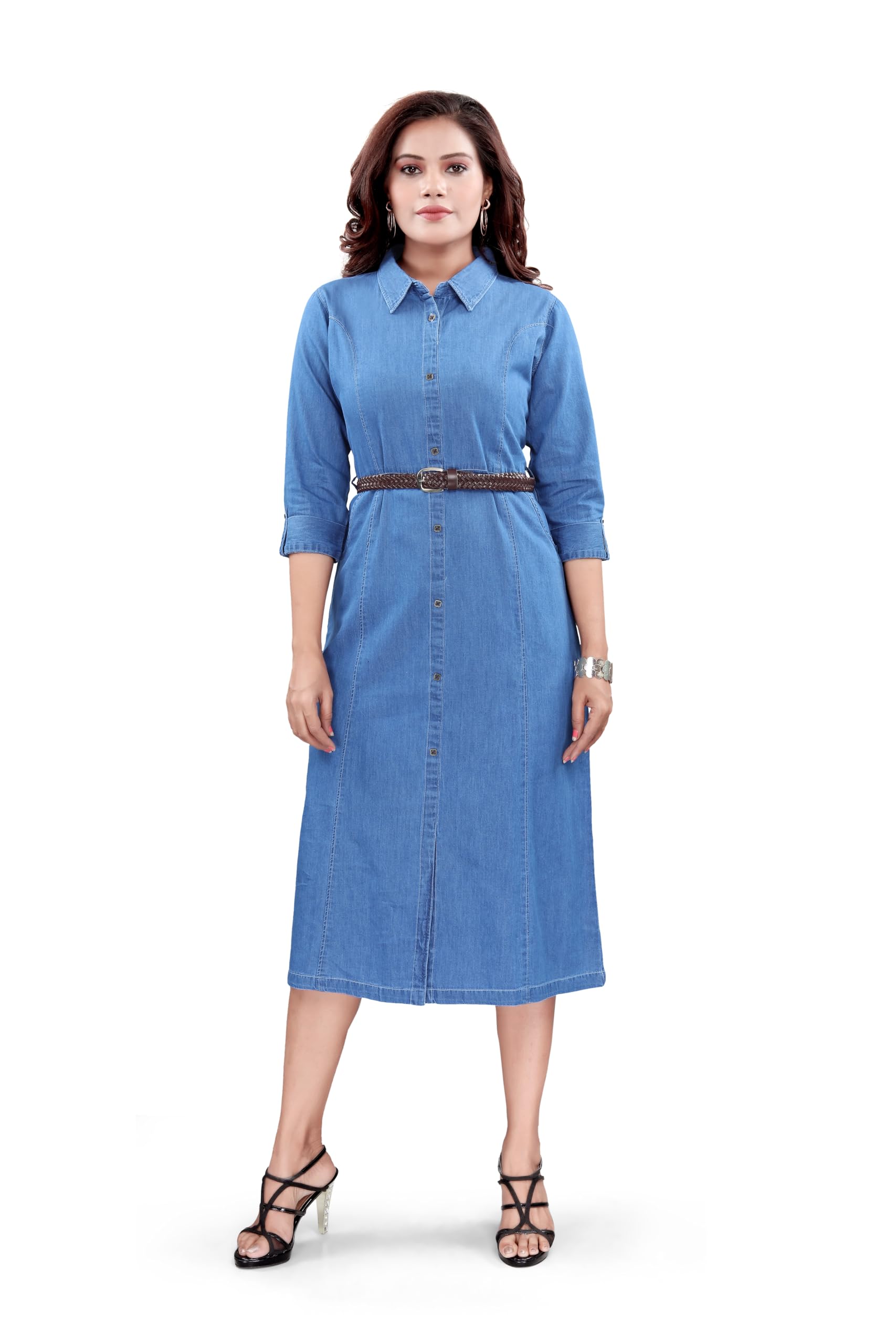 AprikaCotton Denim Dress for Women with Stretchable Leather Belt