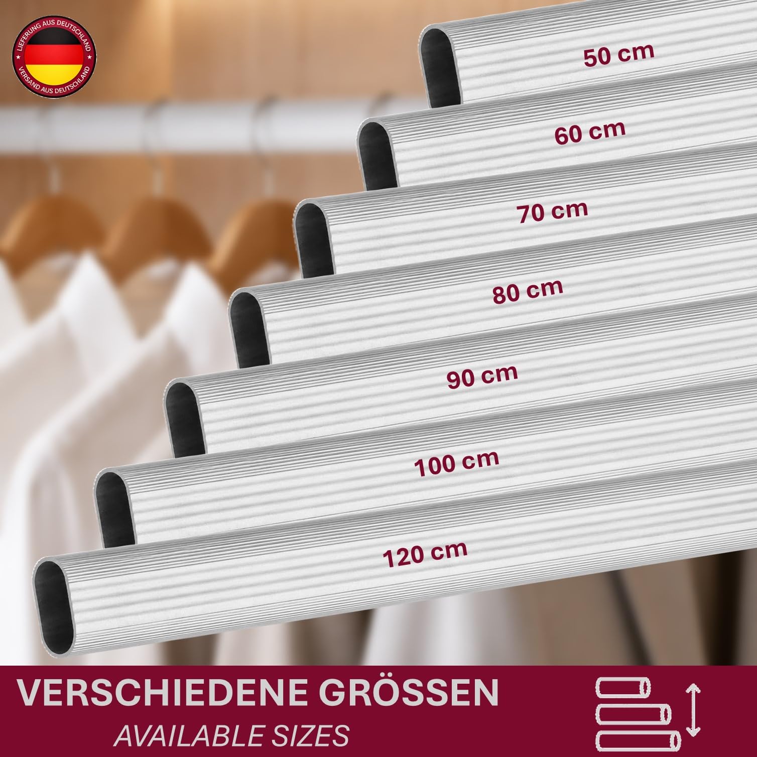 Kleiderstange für Schrank Oval 80 cm [SCHRANK- & WANDMONTAGE] Set inkl. Halter – Schrankrohr aus Aluminium als Schrankstange & Garderobenstange für Kleiderschränke – Silber