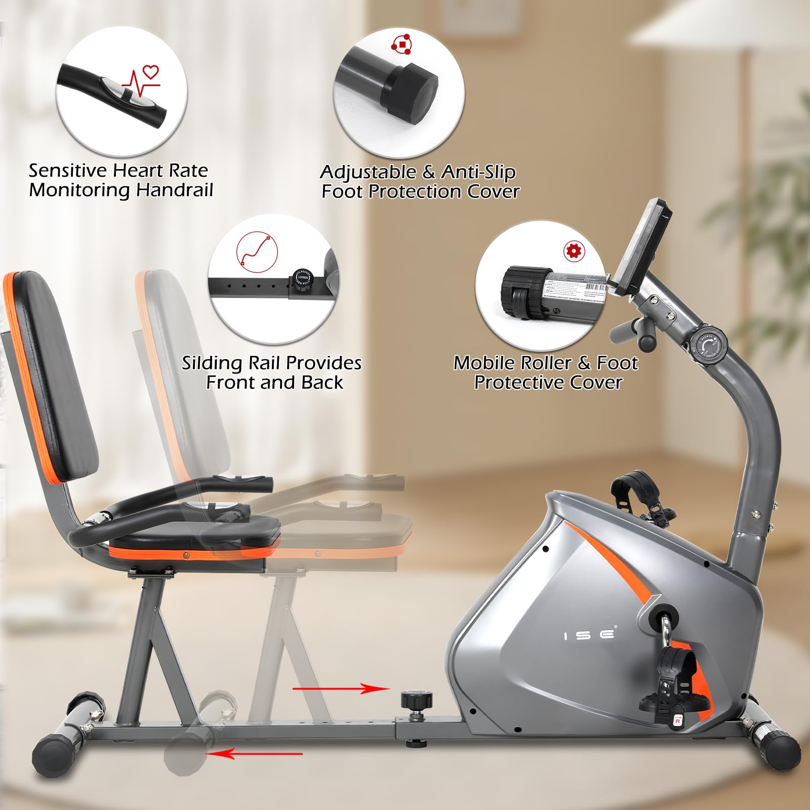 ISE Bicicleta Estática con Respaldo, 8 Niveles de Resistencia, Sensor de Pulso, Bicicleta Estática Elíptica con Soporte, para Ejercicios de Recuperación, Máx. 110 kg