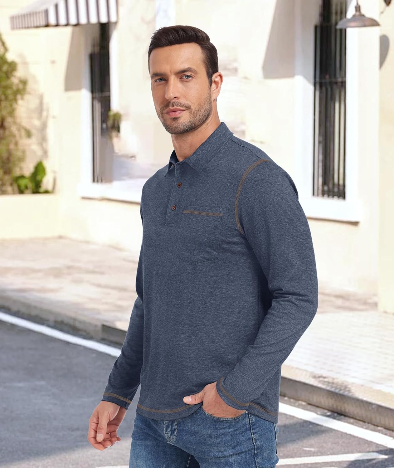 V VALANCH Mens Casual Polo Shirts Long Sleeve Golf Shirts with Pocket Lightweight Work Athletic